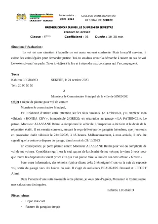 Première page de Français 5e — 1er devoir surveillé, 1er semestre (2023-2024) · CEG SEKERE