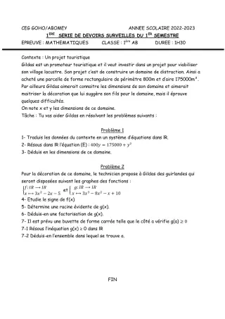 Première page de Mathématiques 1ère A2 — 1er devoir surveillé, 1er semestre (2022-2023) · CEG GOHO