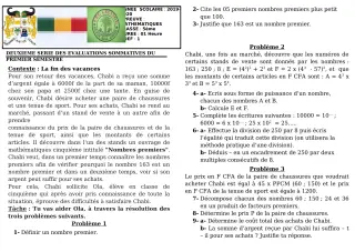 Première page de Mathématiques 5e — 2e évaluation sommative, 1er semestre (2019-2020) · CEG GBESSOU