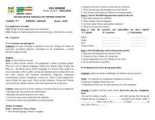 Première page de Anglais 5e — 2e devoir surveillé, 1er semestre (2023-2024) · CEG SEKERE