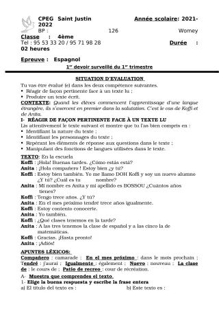 Première page de Espagnol 4e, 3e, 3e ML, 2nde A1, 2nde A2, 2nde B, 1ère A1, 1ère A2, 1ère B, Tle A1, Tle A2, Tle B — 1er devoir surveillé, 1er trimestre (2021-2022) · CPEG SAINT Justin
