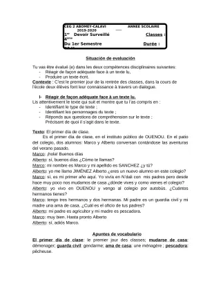 Première page de Espagnol 4e ML — 1er devoir surveillé, 1er semestre (2018-2019) · CEG2 ABOMEY - CALAVI (CEG ZOCA)