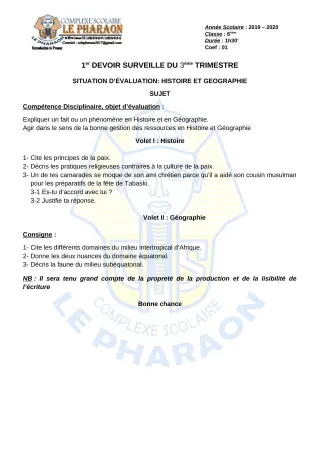 Première page de Histoire-Géographie 6e — 1er devoir surveillé, 3e trimestre (2019-2020) · CPEG LE PHARAON