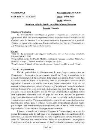 Première page de Français 1ère D — 2e devoir surveillé, 2e semestre (2019-2020) · CEG LE NOKOUE