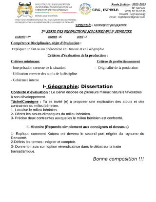 Première page de Histoire-Géographie 4e — 2e production scolaire, 1er semestre (2022-2023) · CEG1 Ikpinlè