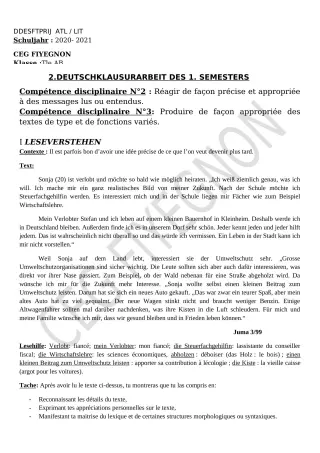 Première page de Devoir surveillé de ALLEMAND — Tle A1, Tle A2, Tle B — CEG FIYEGNON (2020)