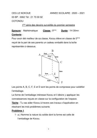 Première page de Mathématiques 5e — 1er devoir surveillé, 1er semestre (2020-2021) · CEG LE NOKOUE