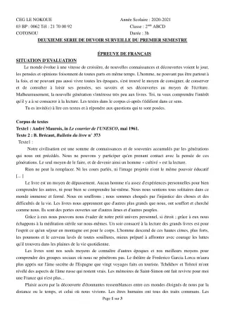 Première page de Français 2nde A1, 2nde A2, 2nde B, 2nde C, 2nde D — 2e devoir surveillé, 1er semestre (2020-2021) · CEG LE NOKOUE