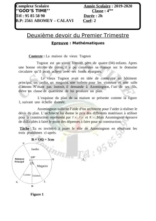 Première page de Mathématiques 4e — 2e devoir surveillé, 1er trimestre (2019-2020) · CPEG GOD'S TIME