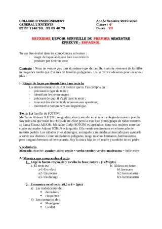 Première page de Espagnol 4e ML — 2e devoir surveillé, 1er semestre (2019-2020) · CEG L'Entente