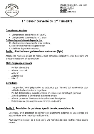 Première page de SVT 6e — 1er devoir surveillé, 1er trimestre (2020-2021) · CPEG PENIEL