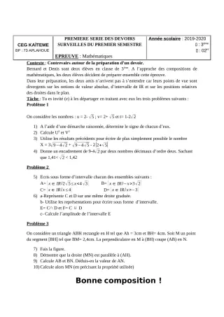 Première page de Mathématiques 3e, 3e ML — 1er devoir surveillé, 1er semestre (2019-2020) · CEG Kaïtèmè