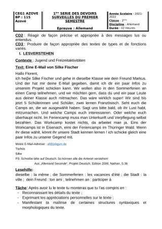 Première page de Allemand 2nde B, 1ère A, 1ère A1, 1ère A2, 1ère B, 1ère D, Tle A1, Tle A2, Tle B — 1er devoir surveillé, 1er semestre (2021-2022) · CEG1 AZOVE