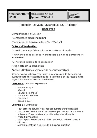 Première page de SVT 6e, 5e, 4e, 4e ML, 2nde A2, 2nde D, Tle B, Tle D — 1er devoir surveillé, 1er semestre (2020-2021) · CEG SEGBOHOUE