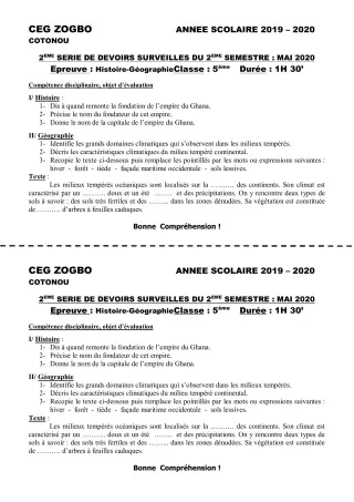 Première page de Histoire-Géographie 5e — 2e devoir surveillé, 2e semestre (2019-2020) · CEG ZOGBO
