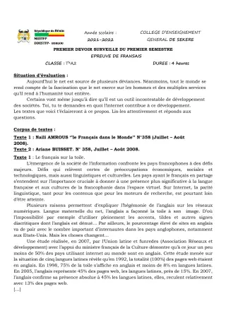 Première page de Français Tle A2 — 1er devoir surveillé, 1er semestre (2021-2022) · CEG SEKERE