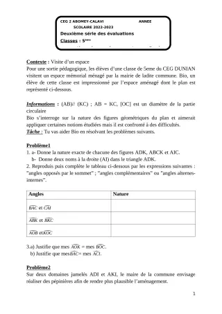 Première page de Mathématiques 5e — 2e évaluation sommative, 1er semestre (2022-2023) · CEG2 ABOMEY - CALAVI (CEG ZOCA)