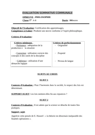 Première page de Philosophie Tle A & B, Tle A2 — Évaluation sommative (2018-2019) · CEG Banikanni