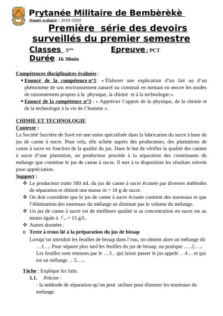 Première page de PCT 5e — 1er devoir surveillé, 1er semestre (2019-2020) · PMB