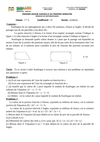 Première page de Mathématiques 1ère A2 — 1er devoir surveillé, 1er semestre (2023-2024) · CEG SEKERE