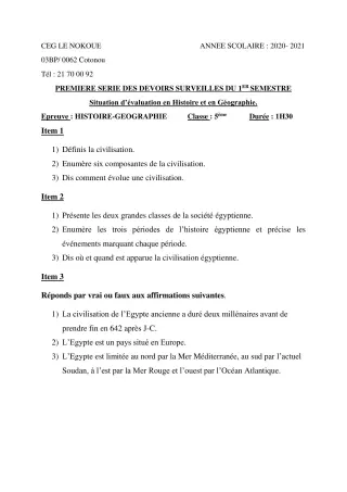 Première page de Histoire-Géographie 5e — 1er devoir surveillé, 1er semestre (2020-2021) · CEG LE NOKOUE