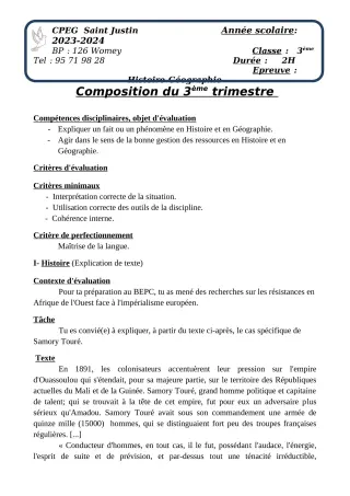 Première page de Histoire-Géographie 4e, 3e — Composition, 3e trimestre (2023-2024) · CPEG SAINT Justin