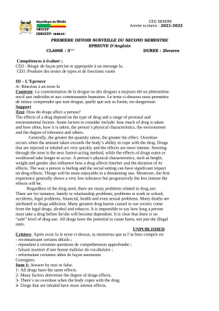 Première page de Anglais 3e — 1er devoir surveillé, 2e semestre (2022-2023) · CEG SEKERE