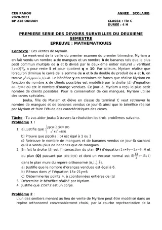 Première page de Mathématiques Tle C — 1er devoir surveillé, 2e semestre (2020-2021) · CEG PAHOU