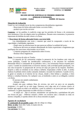 Première page de Espagnol 2nde A2 — 2e devoir surveillé, 1er semestre (2023-2024) · CEG SEKERE