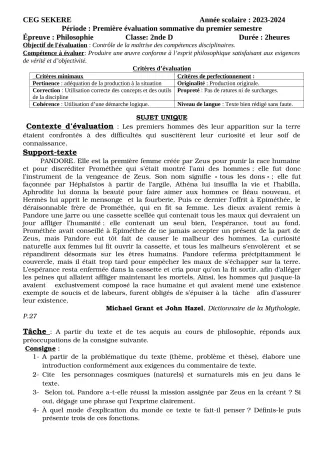 Première page de Philosophie 2nde D — 1re évaluation sommative, 1er semestre (2023-2024) · CEG SEKERE