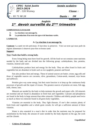 Première page de Anglais 3e, Tle A2, Tle B, Tle C, Tle D — 1er devoir surveillé, 2e trimestre (2023-2024) · CPEG SAINT Justin