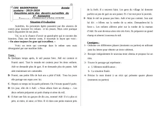 Première page de Français 6e, 5e, 4e, 4e ML, 3e, 3e ML — 2e devoir surveillé, 1er semestre (2019-2020) · CEG BADEKPAROU