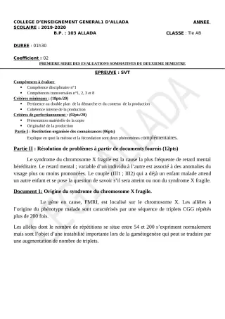 Première page de SVT 2nde C, 2nde D — 1re évaluation sommative, 2e semestre (2019-2020) · CEG1 Allada