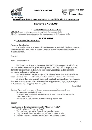 Première page de Anglais 5e — 2e devoir surveillé, 1er semestre (2018-2019) · CEG Sékou