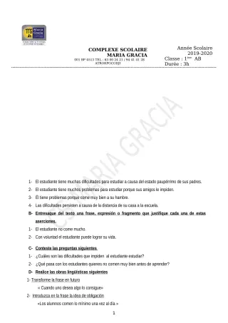 Première page de Devoir surveillé de ESPAGNOL — 1ère B — CPEG MARIA GRACIA (2019)