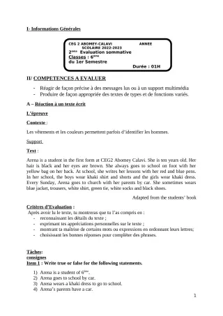 Première page de Anglais 6e — 2e évaluation sommative, 1er semestre (2022-2023) · CEG2 ABOMEY - CALAVI (CEG ZOCA)