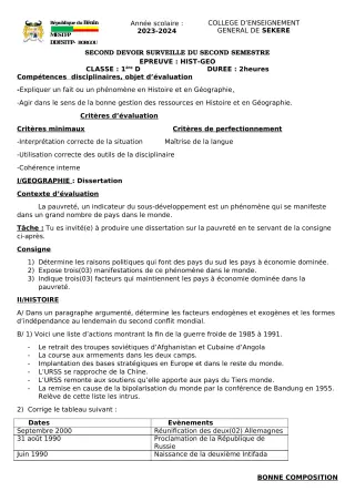 Première page de Histoire-Géographie 1ère D — 2e devoir surveillé, 2e semestre (2023-2024) · CEG SEKERE