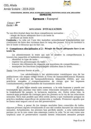 Première page de Espagnol 3e ML — 1re évaluation sommative, 2e semestre (2019-2020) · CEG 2 Allada