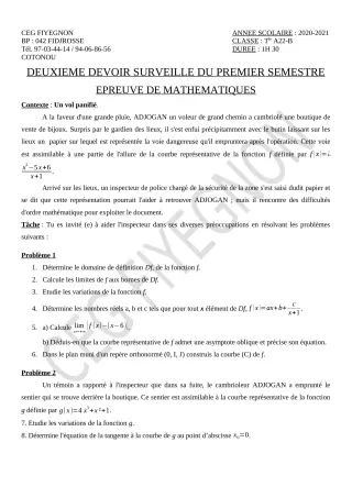 Première page de Mathématiques Tle A1, Tle A2, Tle B — 2e devoir surveillé, 1er semestre (2020-2021) · CEG FIYEGNON
