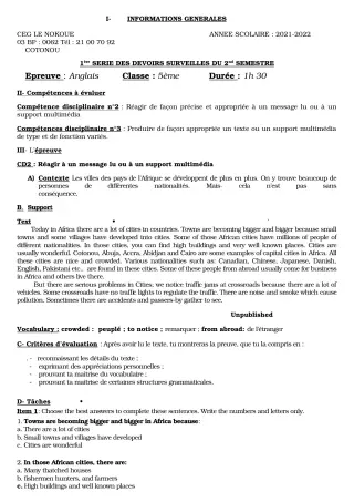 Première page de Anglais 5e — 1er devoir surveillé, 2e semestre (2021-2022) · CEG LE NOKOUE