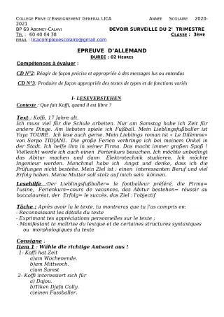 Première page de Allemand 3e ML — 1er devoir surveillé, 2e trimestre (2020-2021) · CPEG LICA