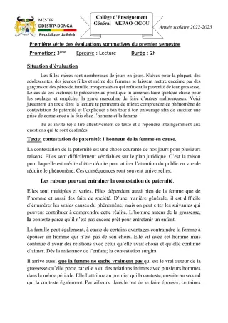 Première page de Français 3e — 1re évaluation sommative, 1er semestre (2022-2023) · CEG Akpao-Ogou