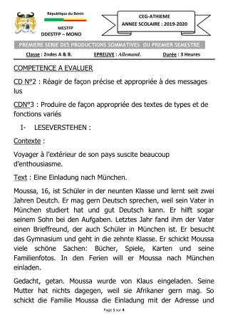 Première page de Allemand 2nde A1, 2nde A2, 2nde B — 1er semestre (2019-2020) · CEG ATHIEME