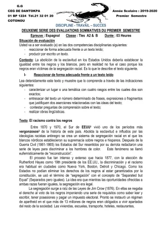 Première page de Espagnol 4e ML&MC, 3e ML, 2nde A1, 2nde B, 1ère A2, 1ère B, Tle A2, Tle B — 2e évaluation sommative, 1er semestre (2019-2020) · CEG Dantokpa