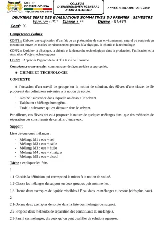 Première page de PCT 6e, 4e, 3e — 2e évaluation sommative (2019-2020) · CEG Akpao-Ogou