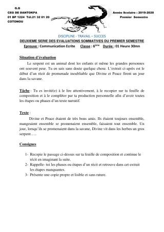Première page de Français 6e, 5e, 4e ML&MC, 3e, 3e ML, 2nde A1, 2nde B, 2nde C, 2nde D, 1ère A2, 1ère B, 1ère C, 1ère D, Tle A1, Tle A2, Tle B, Tle C, Tle D — 2e évaluation sommative, 1er semestre (2019-2020) · CEG Da