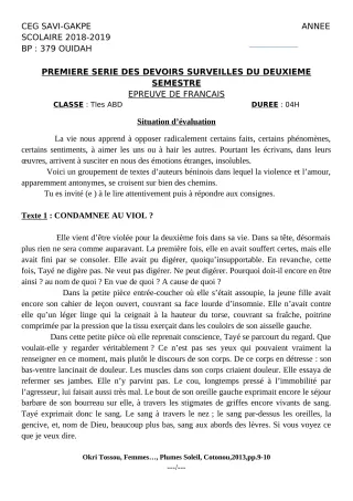 Première page de Français Tle A & B, Tle D — 1er devoir surveillé, 2e semestre (2018-2019) · CEG SAVI GAKPE