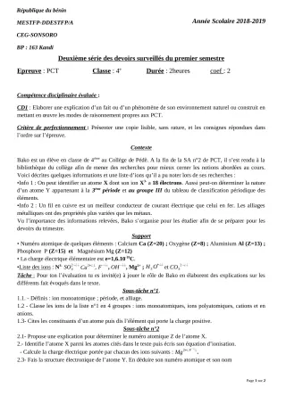 Première page de PCT 4e — 2e devoir surveillé, 1er semestre (2018-2019) · CEG SONSORO