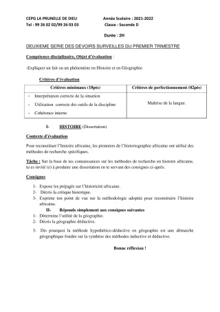 Première page de Histoire-Géographie 2nde D — 2e devoir surveillé, 1er trimestre (2021-2022) · CEPG La Prunelle de Dieu