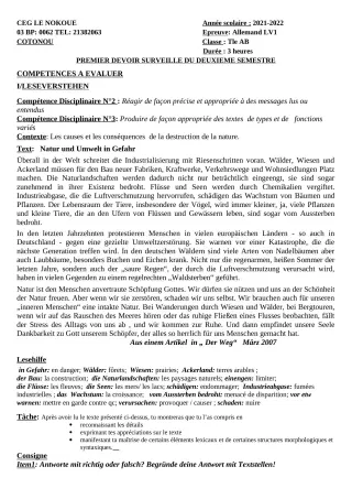 Première page de Allemand Tle A1, Tle A2, Tle B — 1er devoir surveillé, 2e semestre (2021-2022) · CEG LE NOKOUE